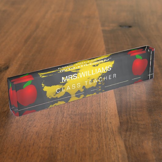 Schoolleraar rode Apple-zwarte karton Naambordje (Zijkant)