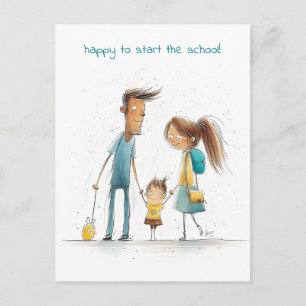 Schoolmeisje met haar moeder en vader briefkaart