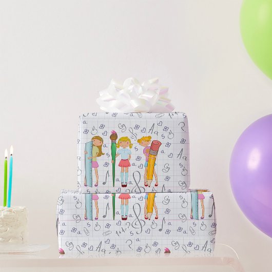 Schoolmeisjes met Oversized School Stationery Cadeaupapier