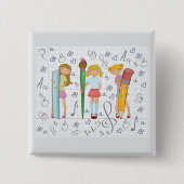 Schoolmeisjes met Oversized School Stationery Vierkante Button 5,1 Cm (Voorkant)