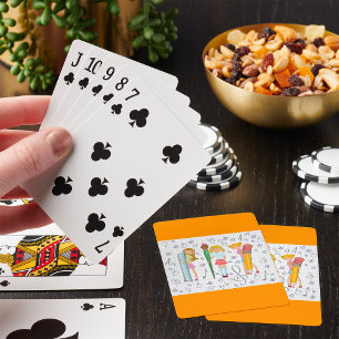 Schoolmeisjes met oversized schoolkantoorbenodigdh pokerkaarten