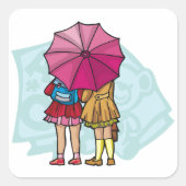 Schoolmeisjes onder een paraplu vierkante sticker (Voorkant)