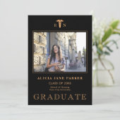 Schoolschool afstuderen zwarte goudfoto aankondiging (Staand voorkant)
