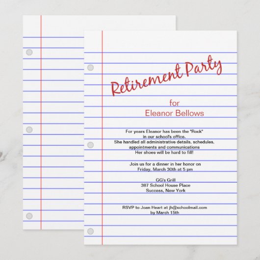 Schoolthema Pensioenpartij Kaart (Voorkant / Achterkant)