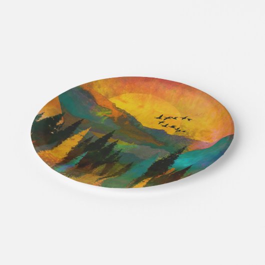 Schoon bergzonsondergang, bomen en vogels Huwelijk Papieren Bordje