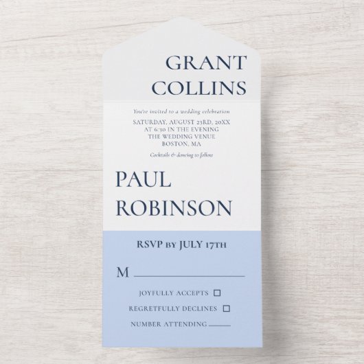 Schoon blauw wit minimalistische bruiloft all in one uitnodiging (Binnen)