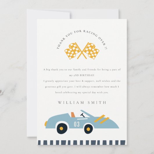 Schoon Elegant Blauw Raceauto Kinderen Verjaardag Bedankkaart (Voorkant)