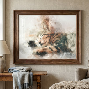 Schoon en schattig slapend waterverf kitten foto afdruk