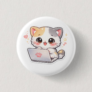 Schoon Kawaii Kitten Werkt Aan Laptop Speld Ronde Button 3,2 Cm