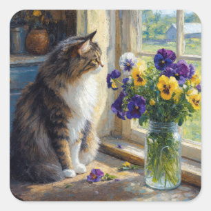 Schoon Lapjeskat met Viooltjesboeket bij Boerderij Vierkante Sticker