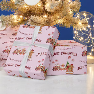 Schoon Trein van Gemberkoek en Familie Roze Kerstm Cadeaupapier