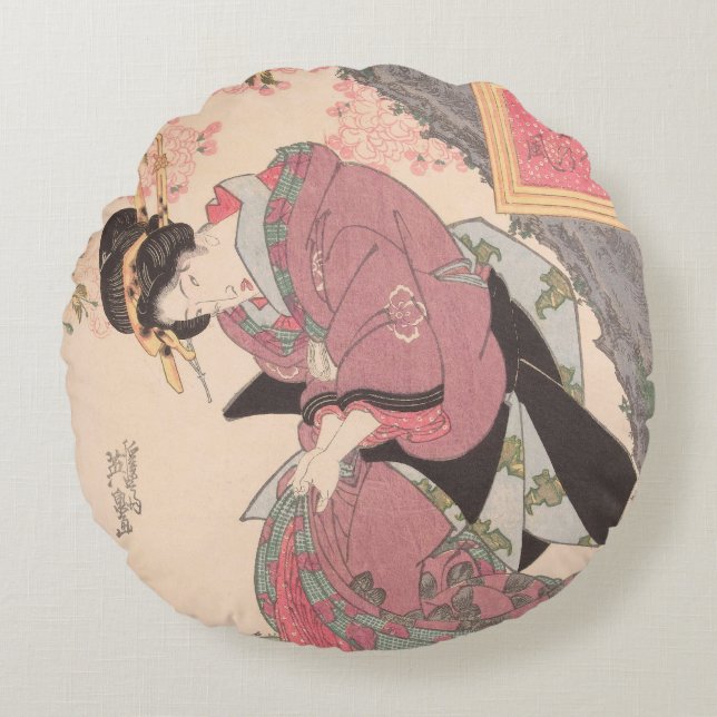 Schoonheden onder Cherry Blossoms  Ukiyo-e Rond Kussen (Voorkant)