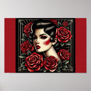  schoonheid: Art Deco Roos Queen Poster