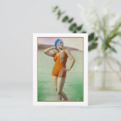 Schoonheid in een oranje badpak briefkaart (Staand voorkant)