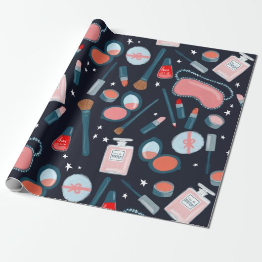 Schoonheidskosmetisch patroon navy gift cadeaupapier (Uitgerold)