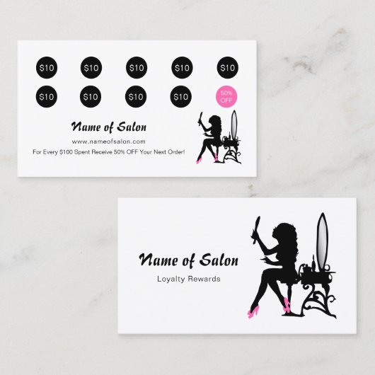 Schoonheidsspecialiste Roze en Zwarte Meisje Salon Klantenkaartje (Voorkant / Achterkant)