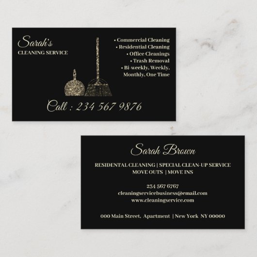 Schoonmaakdienst glinsterende gouden vrouwelijke visitekaartje (Voorkant / Achterkant)