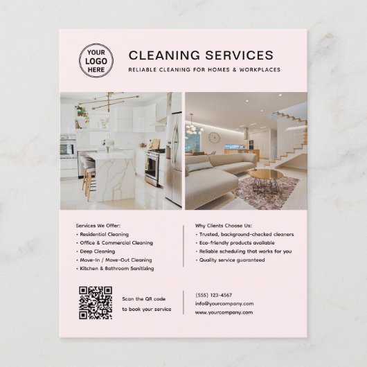 Schoonmaakdiensten Roze Logo Foto QR-code Flyer (Voorkant)