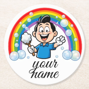 Schoonmaakmascotte Regenboog Cartoon Ontwerp Kunst Ronde Kartonnen Onderzetter