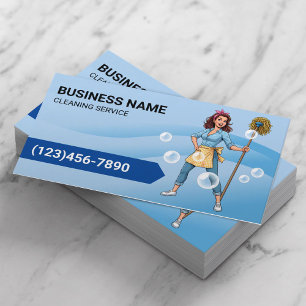 Schoonmaakservice Cartoon Maid Blue Curves Visitekaartje