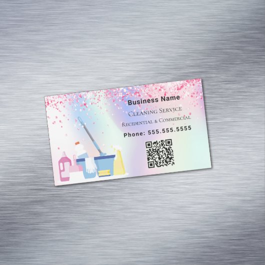 Schoonmaakservice roze holografische QR-code Magnetisch Visitekaartje (Voorbeeld)