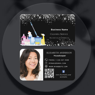 Schoonmaakservice zwart glitterstof QR code foto Visitekaartje