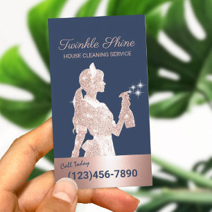 Schoonmaakster Roos Gold Sparkles Navy Housekeepin Visitekaartje