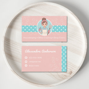 Schoonmaken Lady Cartoon roze en Blauwgroen polka Visitekaartje