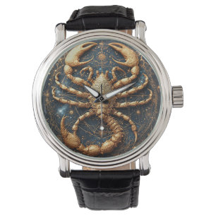 Schorpioen boven een gedetailleerde gouden astrale horloge