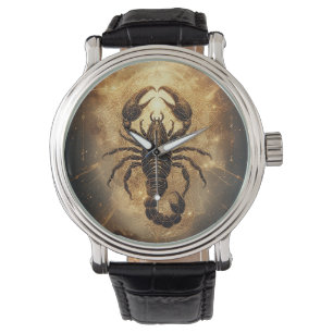 Schorpioen boven een gedetailleerde gouden astrale horloge