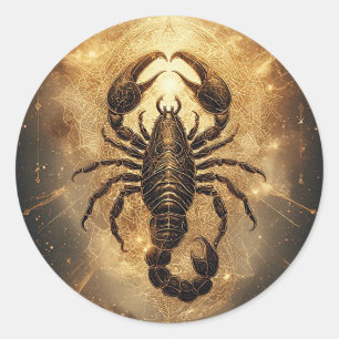 Schorpioen boven een gedetailleerde gouden astrale ronde sticker