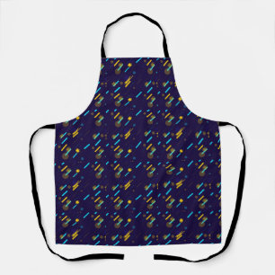 Schort met een levendig abstract patroon in blauw.