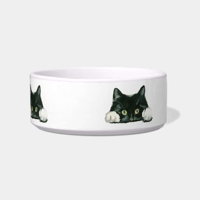 schotel van zwarte en witte kattenvoer voerbakje (Voorkant)