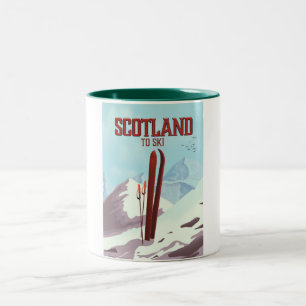 Schotland om te skiën vintage reisposter tweekleurige koffiemok