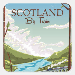 Schotland Per trein locomotief Reisposter Vierkante Sticker