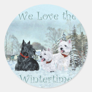 Schots en Scottie in Wintertime Ronde Sticker