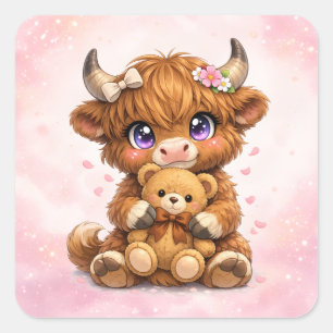 Schots-Hoogland Rund Knuffelende Teddybeer Vierkan Vierkante Sticker