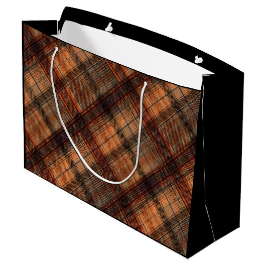 Schots tartan bruin oranje zwarte klassieker groot cadeauzakje (Achterkant Gekanteld)