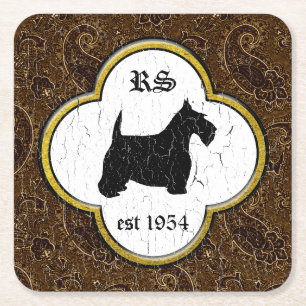 Schots Terrier Vintage Paisley personaliseert Vierkante Kartonnen Onderzetter