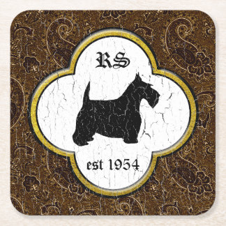 Schots Terrier Vintage Paisley personaliseert Vierkante Kartonnen Onderzetter