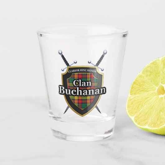 Schotse Cheers Clan Buchanan Tartan Shield Shot Glas (Voorkant)