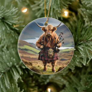 Schotse Hoogland Koe Bagpiper, Keramisch Ornament