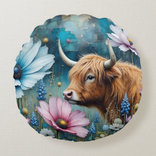 Schotse Hoogland Koe Bloemrijke Kleurrijke Cosmos Rond Kussen
