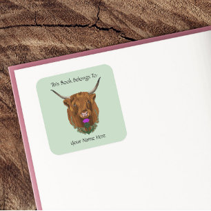 Schotse Hoogland Koe Paars Keltisch Ex Libris Vierkante Sticker