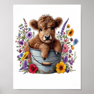 Schotse Hooglander Koe in Bloembloempot Png, Schat Poster