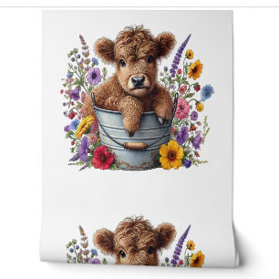 Schotse Hooglander Koe in Bloemen Emmer Png, Schat Behang
