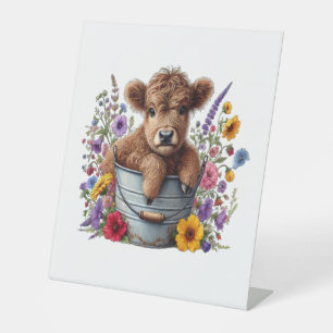 Schotse Hooglander Koe in Bloemen Emmer Png, Schat Reclamebord Met Voetstuk