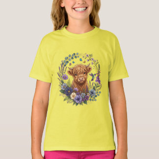 Schotse Hooglander Wilde Bloemen Vlinders Bloemig T-shirt