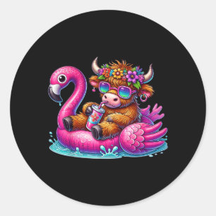 Schotse Hooglandkoe Flamingo ol Float Zomer Hawaii Ronde Sticker