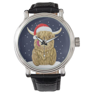 Schotse hooglandkoe in de kerstwinter horloge